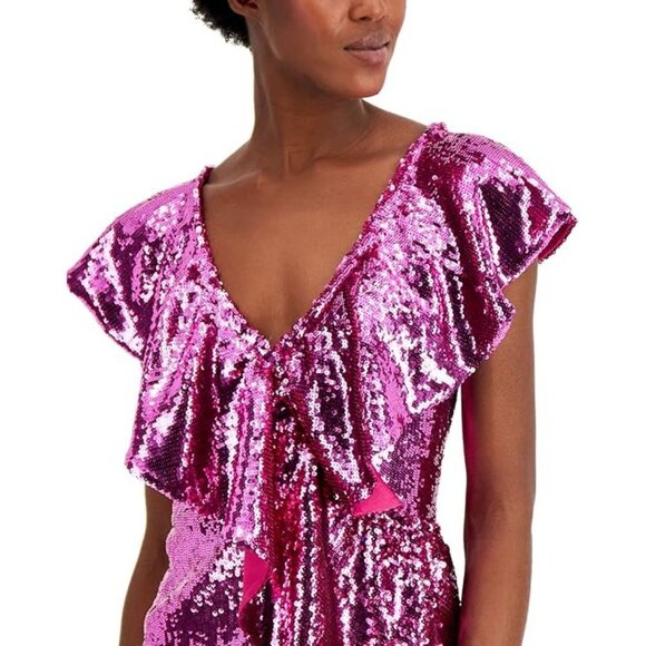 I-N-C Women's Sequin Ruffle Blouse Top V Neck Cap Sleeves Pink Size Large - Picture 3 of 4